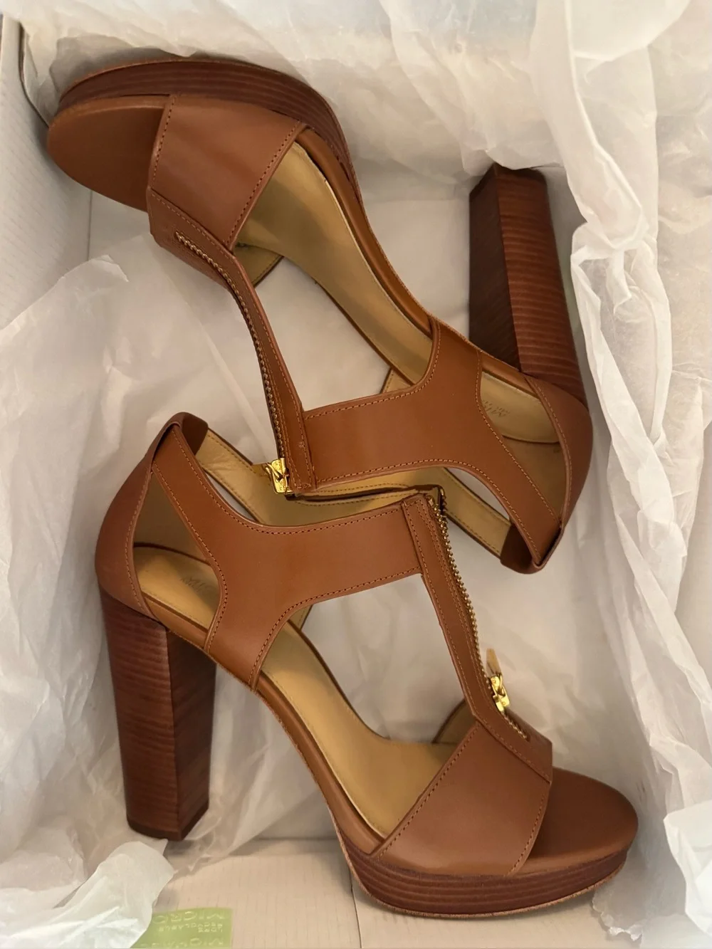 Michael Kors Brown Leather T-Zip Platform Sandal Heels